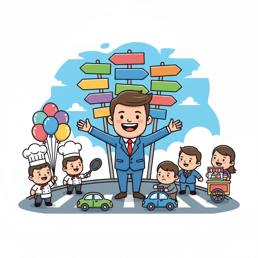 איור של בעל עסק עומד בצומת דרכים עם שלטי כיוון רבים, מוקף בבעלי מקצוע שונים