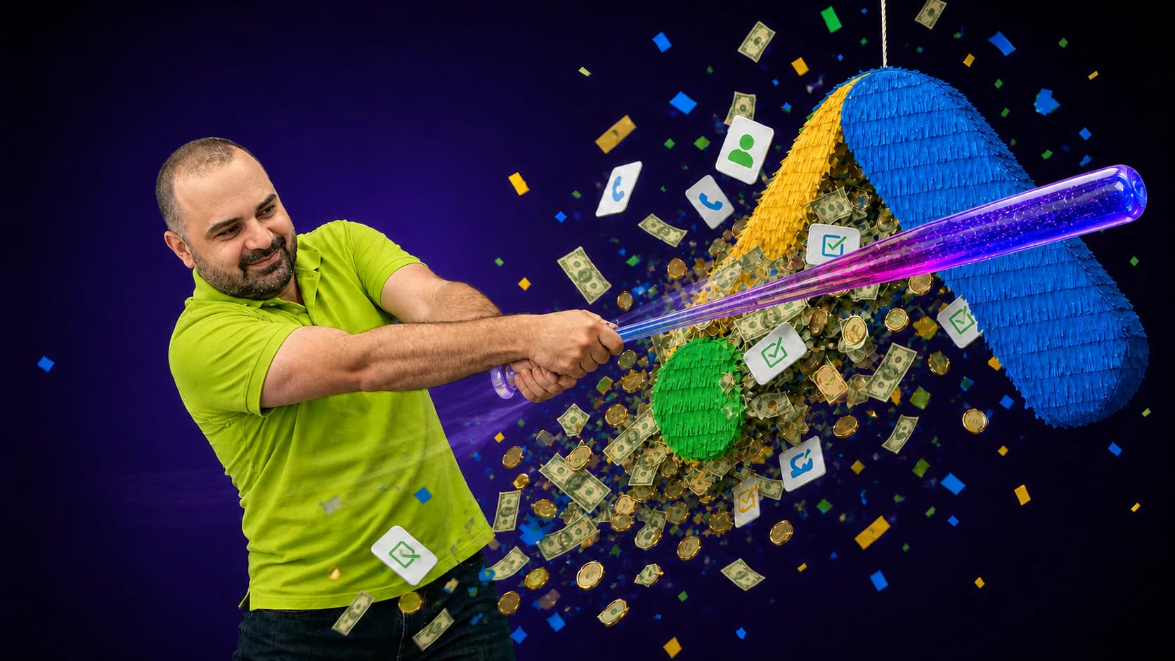 אלון משה משלים חבטה בפיניאטה בצורת Google Ads כשסמלי פניות ותוצאות מתפזרים ממנה
